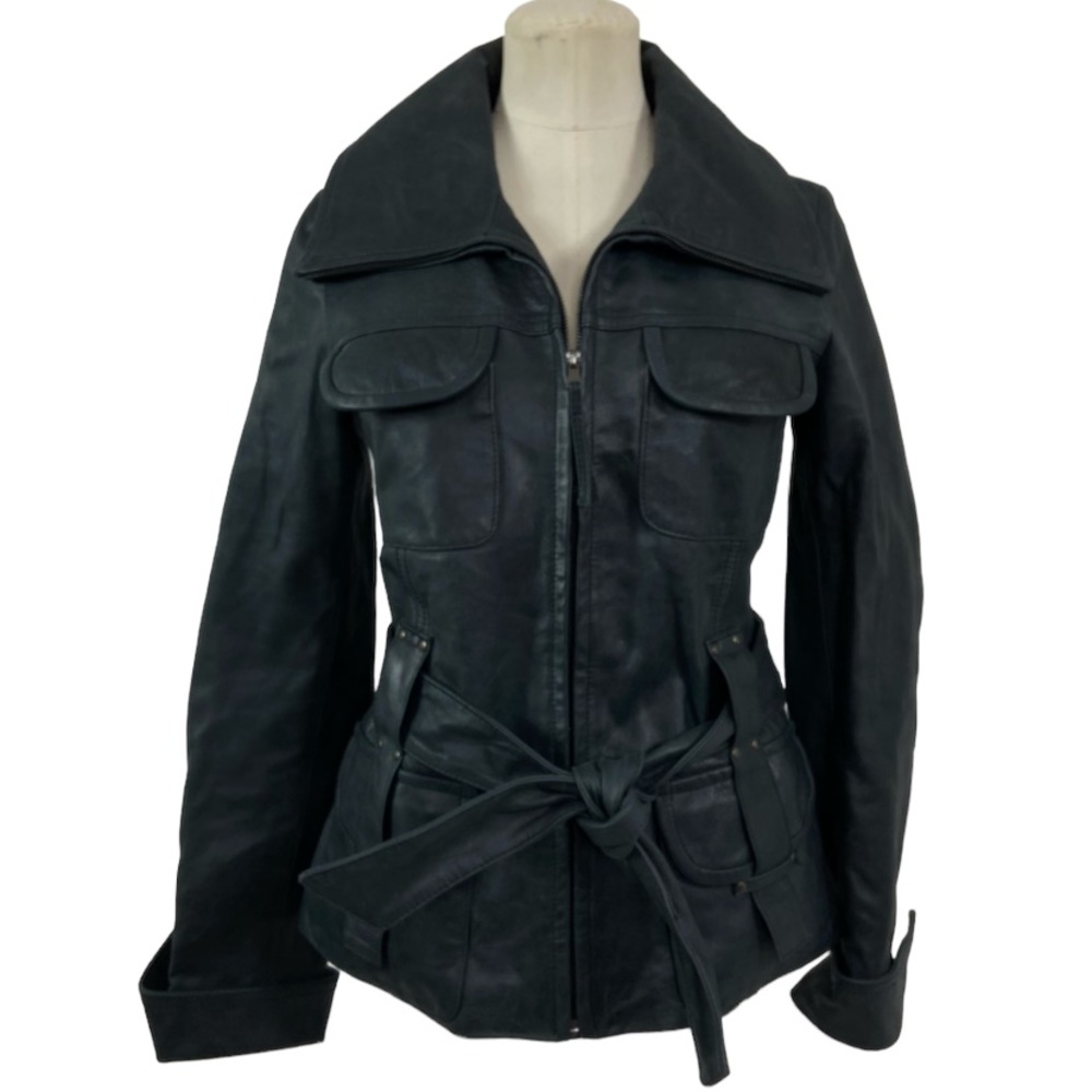Vincent’s charcoal gray black belted leather moto biker jacket. - Picture 1 of 15